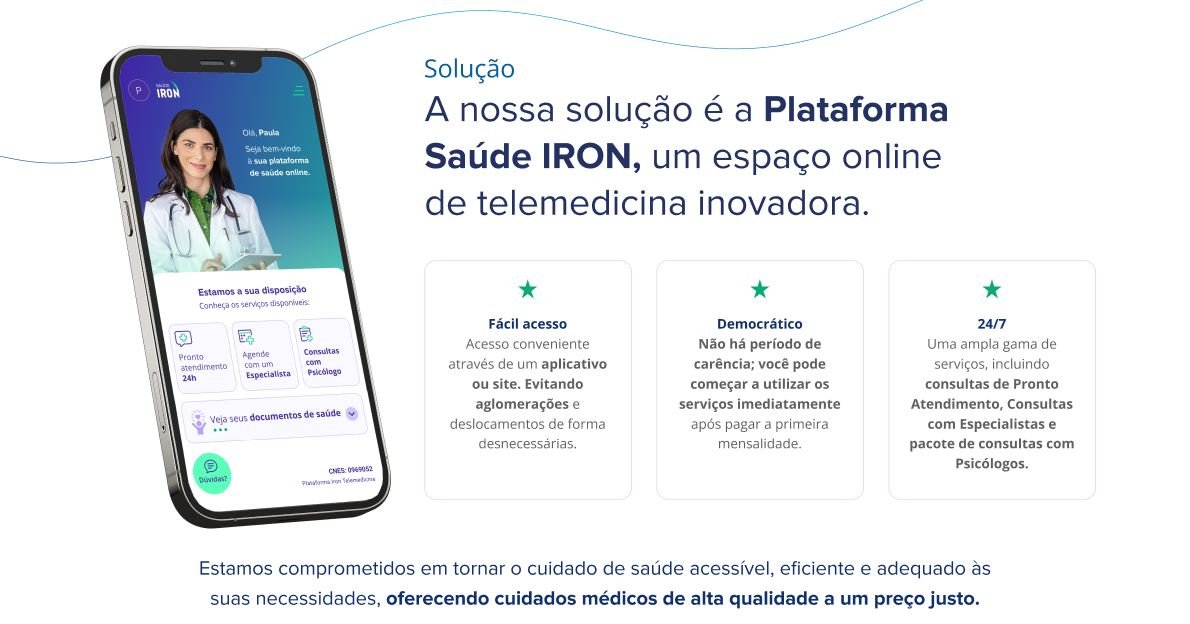 Solução: plataforma Saúde IRON com fácil acesso, sem carência e atendimento 24/7